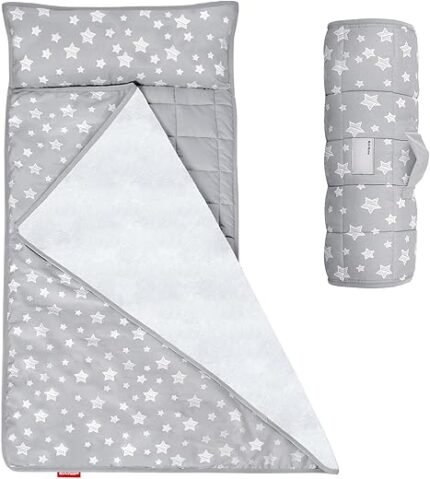 Moonsea Toddler Nap Mat with Pillow and Fleece Minky Blanket, Lightweight, Soft Perfect for Kids Preschool, Daycare, Travel Sleeping Bag Boys and Girls, 21" x 50" Fit Standard Cot