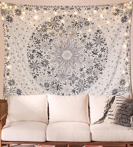 Neasow Bohemian Tapestry Wall Hanging, Beige White Floral Tapestry with Dotted Daisy Medallion Print Bedroom Boho Hippie Home Decor, 36×48 inches