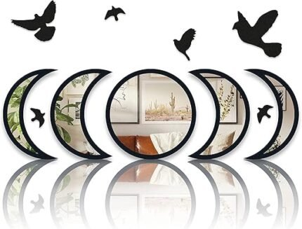 NESHE Moon Phase Mirror Set with Birds | Scandinavian Natural Home Boho Wall Decor | Aesthetic Witchy Bohemian Indoor Gothic Art Decorations for Living Room (Black)