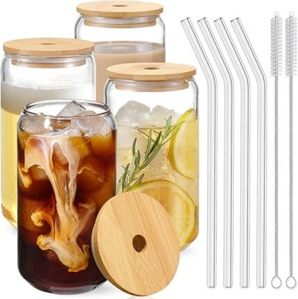 NETANY Drinking Glasses with Bamboo Lids and Glass Straw 4pcs Set - 16oz Can Shaped Glass Cups, Beer Glasses, Iced Coffee Glasses, Cute Tea Cup, Ideal for Cocktail, Whiskey,...