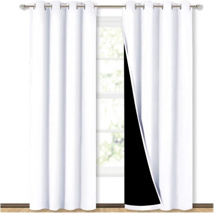 NICETOWN 100% Blackout Window Curtain Panels, Cold and Full Light Blocking Drapes with Black Liner for Nursery, 84 inches Drop Thermal Insulated Draperies (White, 2 Pieces, 52...