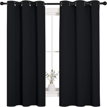 NICETOWN Halloween Pitch Black Solid Thermal Insulated Grommet Blackout Curtains/Drapes for Bedroom Window (2 Panels, 42 inches Wide by 63 inches Long, Black)