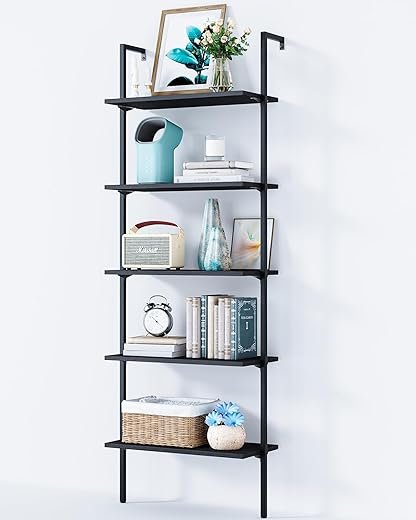 ODK 5-Tier Ladder Shelf, 74 Inches Wall Mounted Ladder Bookshelf with Metal Frame, Open Industrial Shelves for Home Office, Bedroom and Living Room, Black