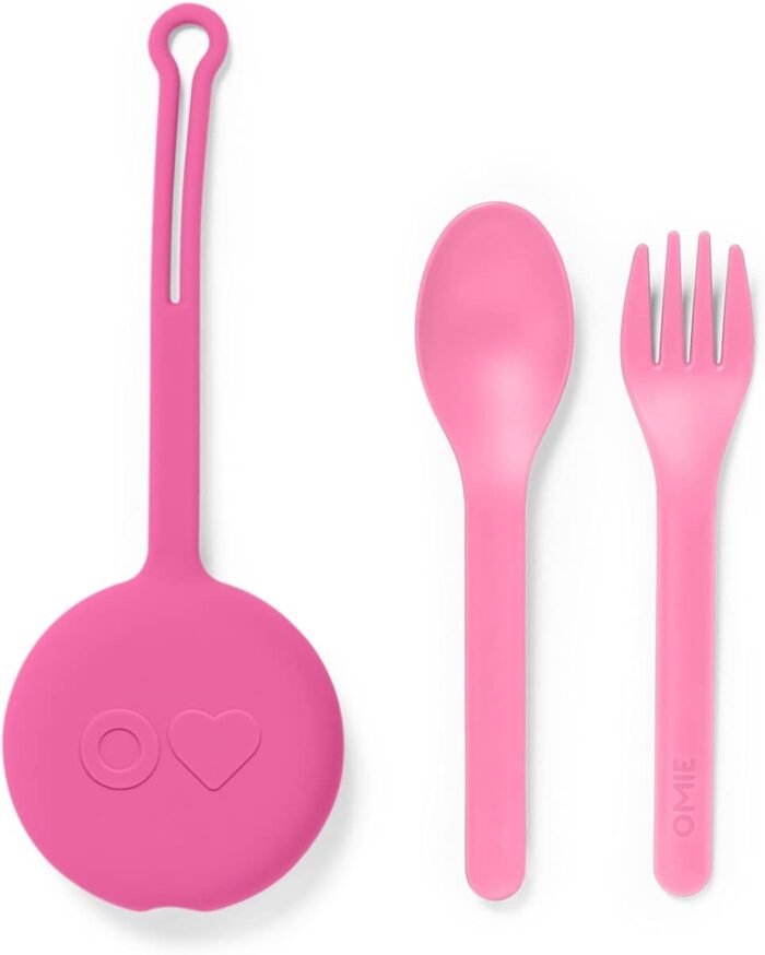 Omie OmieBox Kids Utensils Set with Case - 2 Piece Plastic, Reusable Fork and Spoon Silverware with Pod for Kids (Bubble Pink)