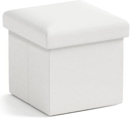 Ornavo Home Small Storage Ottoman Foldable Collapsible Cube Square Linen Ottoman Foot Rest Stool Seat, for Living Room, Bedroom, Home Office, Dorm - 12 x 12 x 12, White