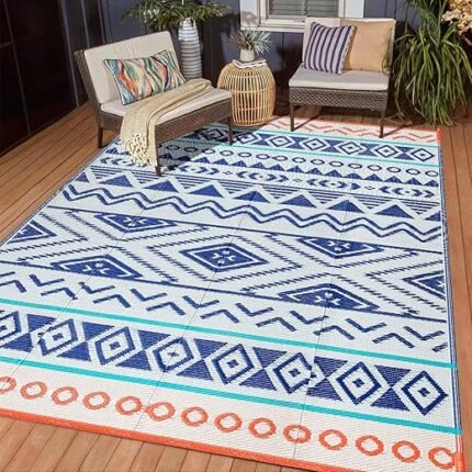 Outdoor Patio Rug Waterproof Camping - Outdoor Rugs Outdoor Carpet, Plastic Straw Area Rug for Patios Clearance RV, Outside Porch Rug Balcony Deck Rug for Camper, Blue Red 4x6 ft