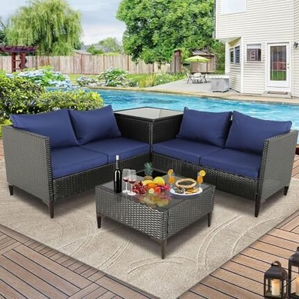 Outdoor PE Wicker Patio Furniture Set 4 Piece Outdoor PE Rattan Patio Furniture Double Sofa with Storage Glass Top Table for Garden Balcony (Brown-Navy Blue)