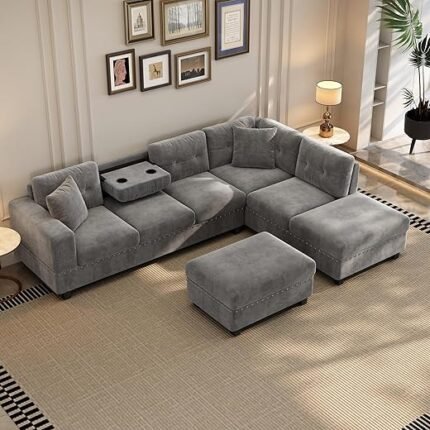 P PURLOVE Sectional Sofa Couch with Reversible Chaise and Ottoman, Polyester L-Shape Couch with 2 Pillows and Cup Holder, Sectional Sofas for Living Room (Gray)