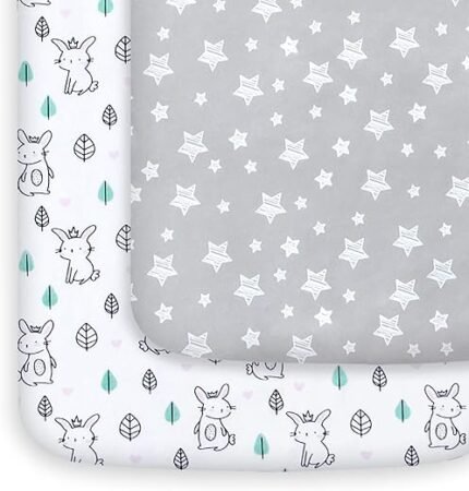 Pack and Play Sheets, 2 Pack Mini Crib Sheets, Stretchy Playard Fitted Sheet, Compatible with Graco Pack n Play, Soft and Breathable Material, Stars & Bunny