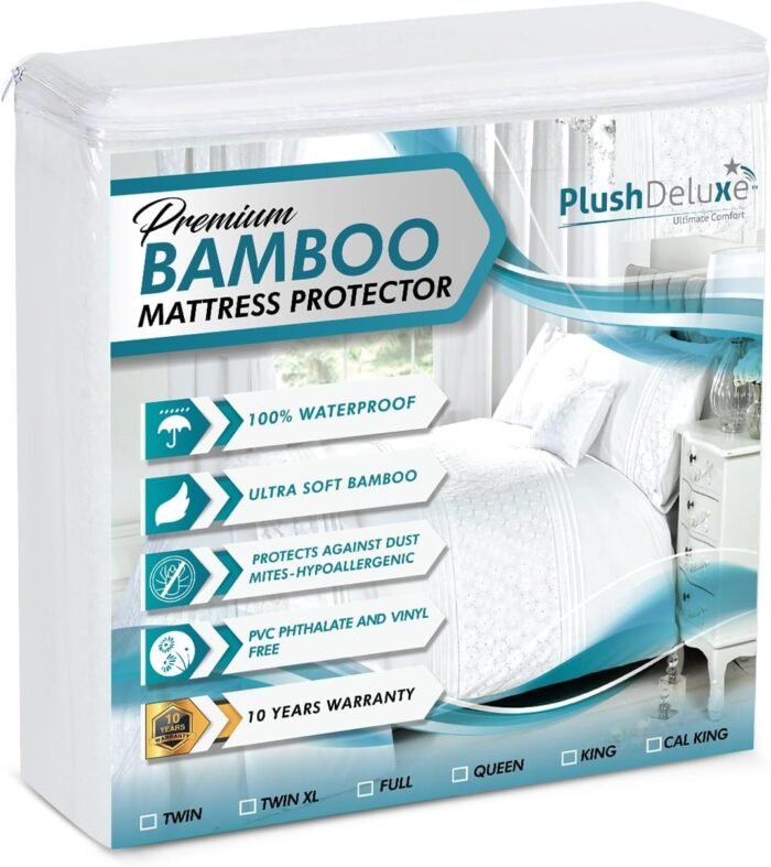 PlushDeluxe Premium Bamboo Mattress Protector – Queen Size, Waterproof, & Ultra Soft Breathable Noiseless Washable Bed Mattress Cover for Comfort & Protection - White