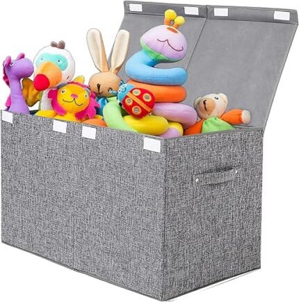 popoly Large Toy Box Chest with Lid, Collapsible Sturdy Toy Storage Organizer Boxes Bins Baskets for Kids, Boys, Girls, Nursery, Playroom, 25"x13" x16" (Linen Gray)