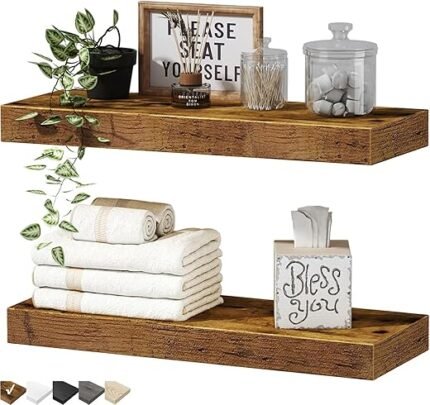 QEEIG Bathroom Floating Shelves for Wall - Shelf Over Toilet Small Wall Mounted Farmhouse Decor 16 inch Set of 2, Rustic Brown (008-40BN)