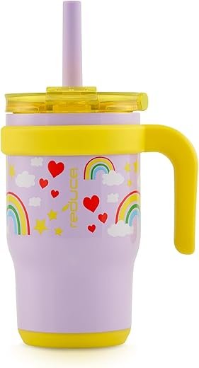 REDUCE 14 oz Coldee Tumbler with Handle for Kids Leakproof Insulated Stainless Steel Mug with Lid & Spill-Proof Straw, Keeps Drinks Cold up to 18 Hrs, Rainbow Sky