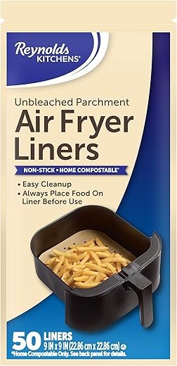 Reynolds Kitchens Air Fryer Liners Disposable, Unbleached Parchment Paper Sheets, 50 Count