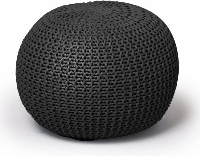 Round Knit Pouf - Hand Woven Cotton, Black