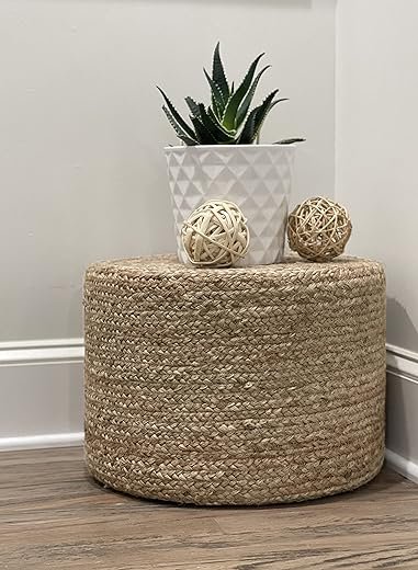 S & L Homes Pouf Ottoman - 100% Natural Jute Braided- Footrest Pouf Hand Knitted - Traditional Cord Boho Pouffe - for The Living Room, Bedroom, Nursery, Patio, Lounge (18”x18”x12”)