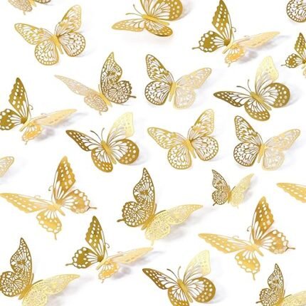 SAOROPEB 3D Butterfly Wall Decor 48 Pcs 4 Styles 3 Sizes, Gold Butterfly Decorations for Butterfly Birthday Decorations Butterfly Party Decorations Cake Decorations, Removable...