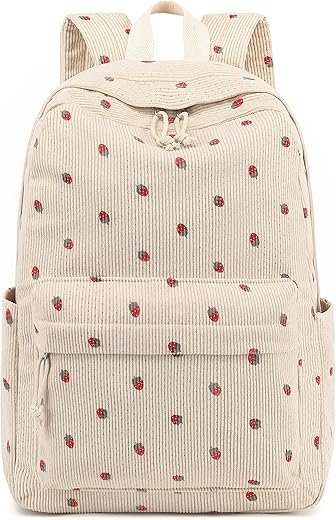 School Backpack for Teen Girls Bookbags Elementary High School Corduroy Laptop Bags Women Travel Daypacks (Strawberry Beige)