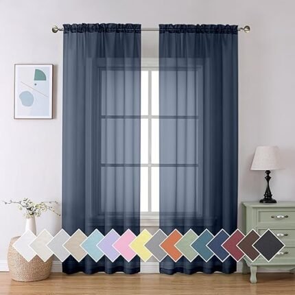 Sheer Navy Blue Curtains 84 inch Length 2 Panels Set, Airy Soft-Touching Rod Pocket Voile Drapes for Living Room/Bedroom, Each 40W x 84L