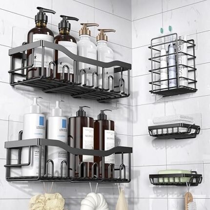 Shower Caddy 5 Pack,Adhesive Shower Organizer for Bathroom Storage&Home Decor&Kitchen,No Drilling,Large Capacity,Rustproof Stainless Steel Bathroom Organizer,Shower Shelves for...