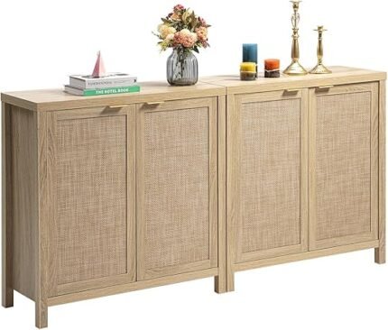 SICOTAS Credenza Sideboard Buffet Cabinet - Boho Rattan Kitchen Storage Cabinet with 4 Rattan Decorated Doors - Accent Liquor Cabinet Buffet Console Table for Dining Room...