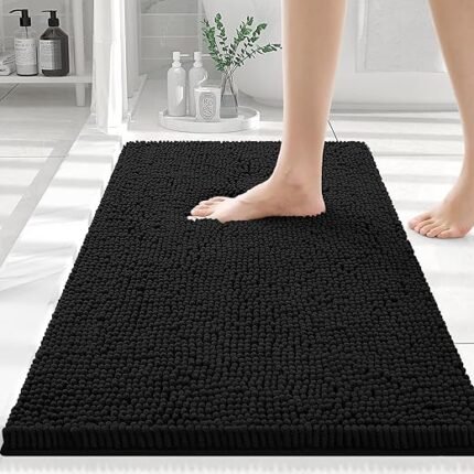 smiry Luxury Chenille Bath Rug 30''x20'', Extra Soft and Absorbent Shaggy Bathroom Mat Rugs, Machine Washable, Non-Slip Plush Carpet Runner for Tub, Shower, and Bath Room, Black