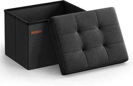 SONGMICS Small Folding Storage Ottoman, Foot Rest Stool, 12.2 x 16.1 x 12.2 Inches, 286 lb Load Capacity, for Living Room, Bedroom, Home Office, Dorm, Ink Black ULSF102B01