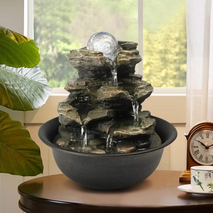 Spinning Orb Rock Cascading Tabletop Fountain, Zen Meditation Indoor Waterfall Feature with LED Light for Home Office Bedroom Relaxation