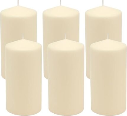 Stonebriar 6 Count Tall 3 x 6 Inch 65 Hour Long Burning Unscented Ivory Wax Pillar Candles, 65 Hour Burn Time