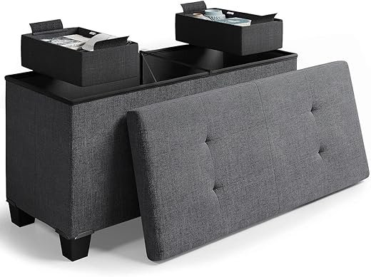 Storage Ottoman Bench with Storage Bins, 30-In Storage Bench for Bedroom End of Bed, Folding Foot Rest Ottoman with Storage for Living Room, Storage Chest Max 660lbs, Linen...