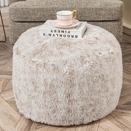 Stuffed Pouf Ottoman with PP Cotton, Faux Fur Poufs, Pouf Stool Ottoman Round Foot Stool Cushion Storage Ottoman, 20 * 12''Floor Poufs Foot Rest for Living Room (Snow Coffee...