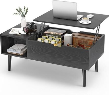 Sweetcrispy Coffee Table Black, Lift Top Coffee Tables for Living Room, Small Rising Wooden Dining Center Tables with Storage Shelf and Hidden Compartment