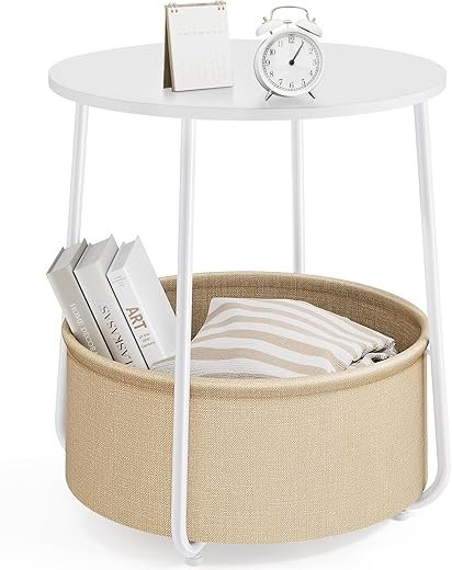 Sweetcrispy Small Round Side End Table for Living Room, Modern Nightstand Bedside Table with Fabric Basket for Bedroom Nursery, Side Table with Steel Frame - White & Beige