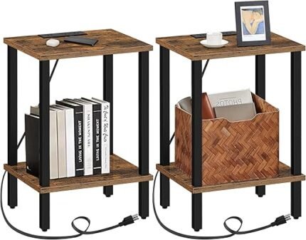 TUTOTAK End Table with Charging Station, Side Table with USB Ports and Outlets, Nightstand, 2-Tier Storage Shelf, Sofa Table for Small Space, 1 Package（2PCS） TB01BB041