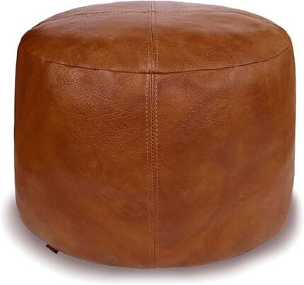 Unstuffed Faux Leather Pouf Cover, Handmade Footstool Ottoman Storage Solution, Floor Footrest Cushion, 16.5”Dx12”H, (No Stuffing), Amaretto