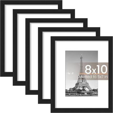 upsimples 8x10 Picture Frame Set of 5, Display Pictures 5x7 with Mat or 8x10 Without Mat, Wall Gallery Photo Frames, Black