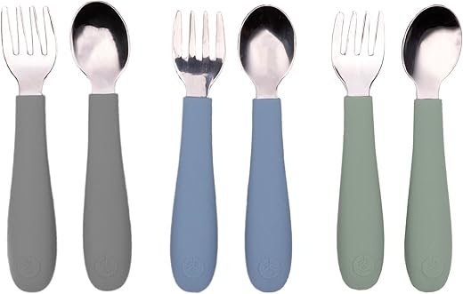 WeeSprout Toddler Utensils, 3 Forks & 3 Spoons, 18/8 Stainless Steel & Food Grade Silicone, Thick Easy-Grip Handles, Perfect Length For New Self Feeders, Gentle On Gums & Teeth,...