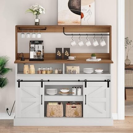 YITAHOME 52" Farmhouse Buffet Cabinet with Storage, Sliding Barn Door, Sideboard Cabinet with Goblet Holder, 5 Hooks and Power Outlets, Coffee Bar Cabinet for Kitchen, Living...