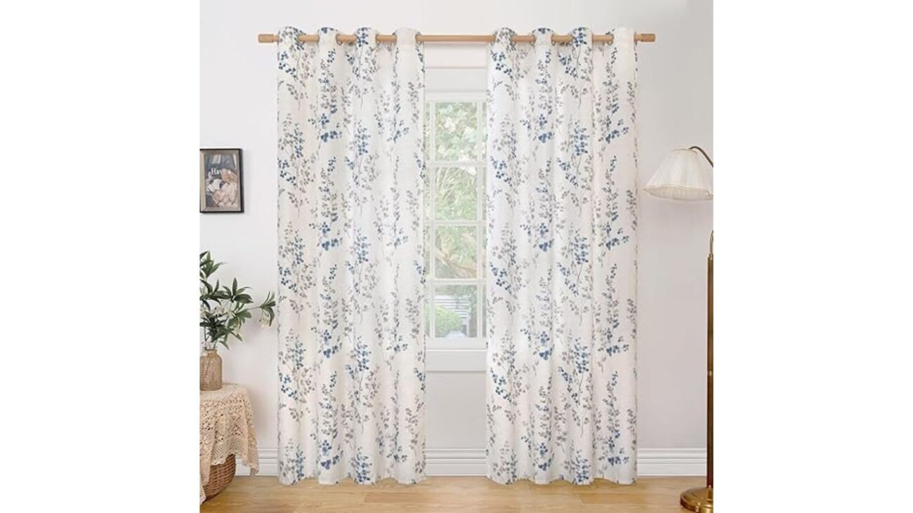 Navy Floral Linen Curtains Set